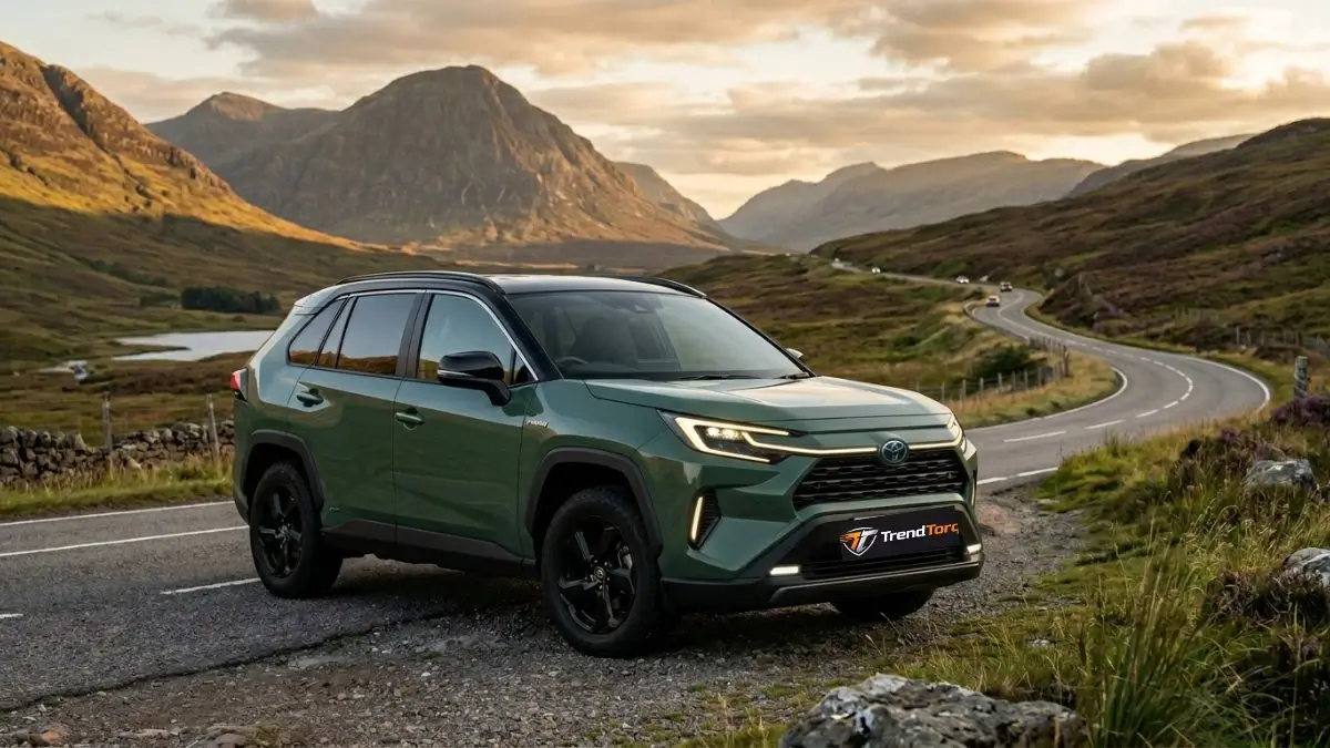 Prompt: The 2026 Toyota RAV4 Self-Charging Hybrid driving through a modern London street with the Tower Bridge in the blurred background. The car is in motion (rolling shot), capturing the 'Hybrid' badge on the side. Reflection of city lights on the polished 'Urban Shade' metallic paint. Sleek 20-inch alloy wheels. High-end commercial car photography style, vibrant yet professional.